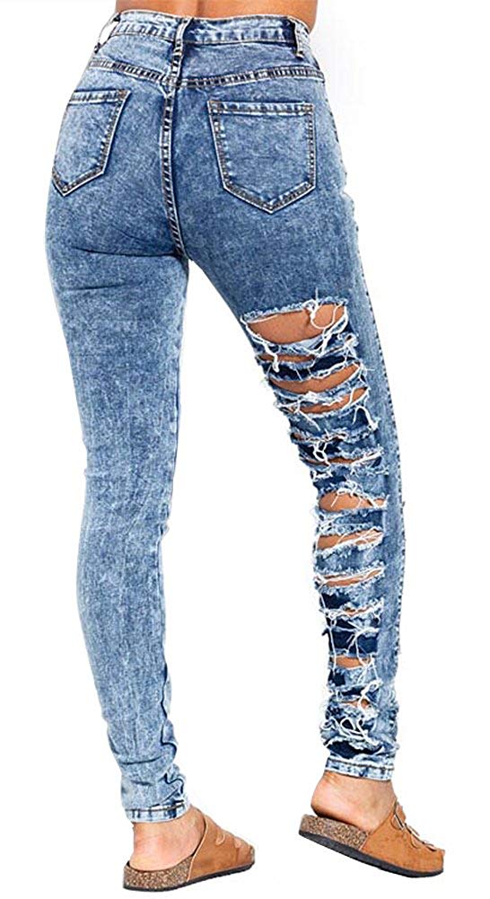 Korea Women High Waist Ripped Denim Jeans Skinny Leggings Straight Cropped  Pants | eBay
