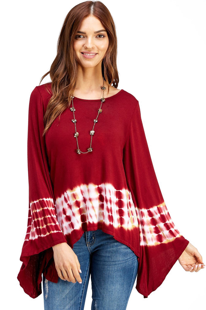 Women's Red Flared Bell Sleeve Top Tie Dye Long Sleeve with Sharkbite ...